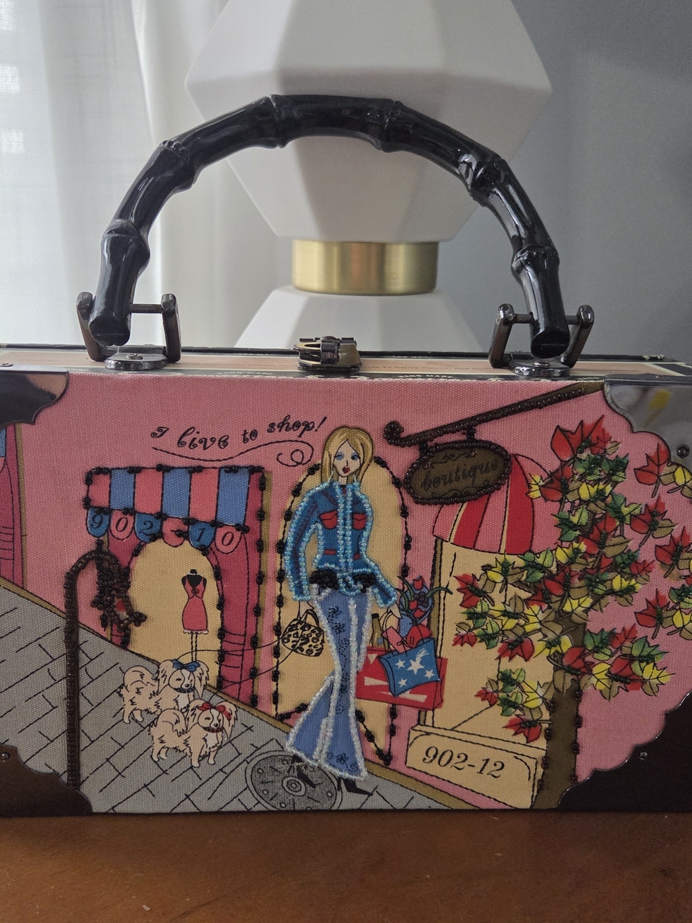 Pink Illustrated Top-Handle Mini Bag with Black Bamboo Handle